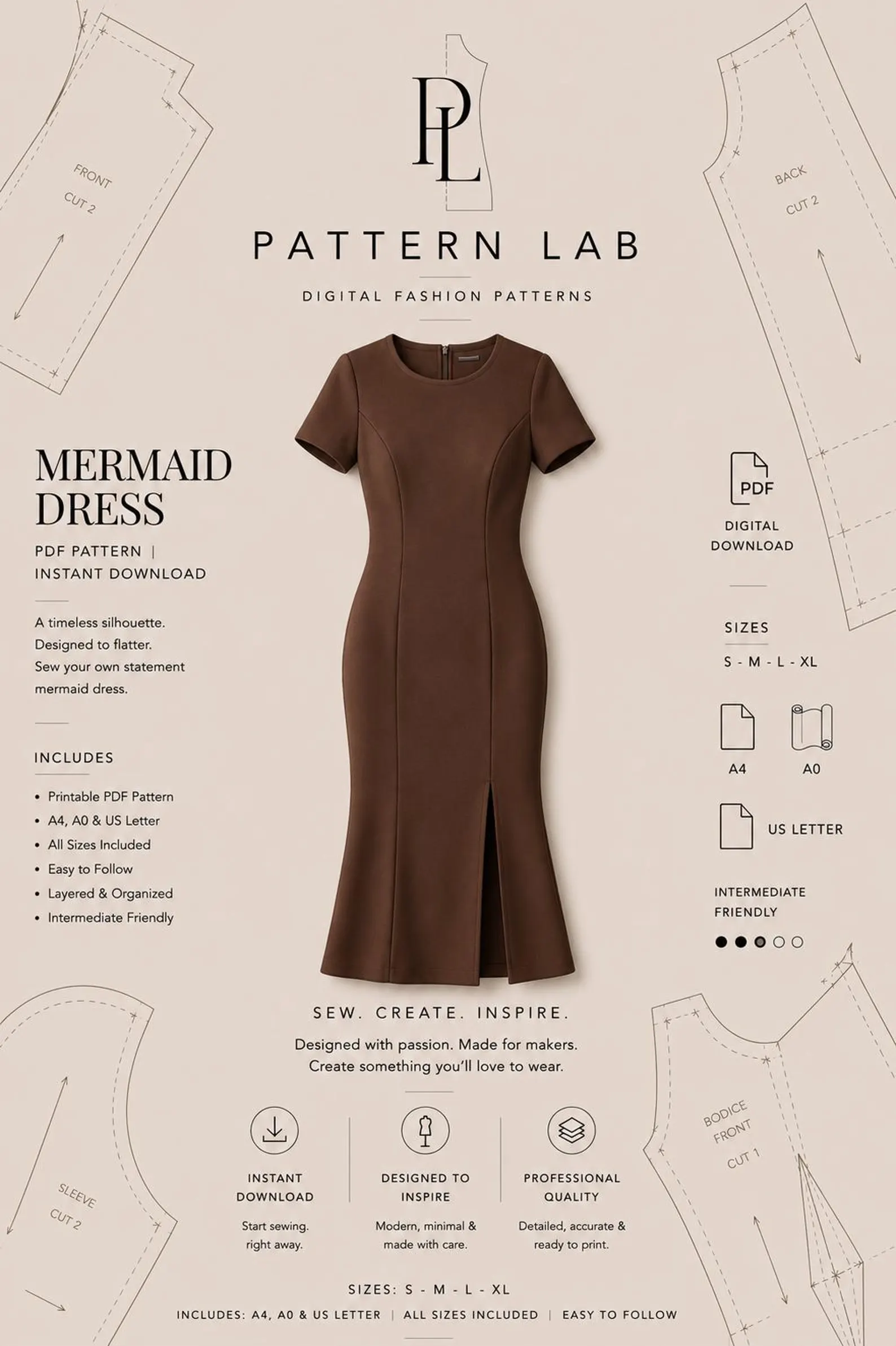 Mermaid Evening Dress Sewing Pattern