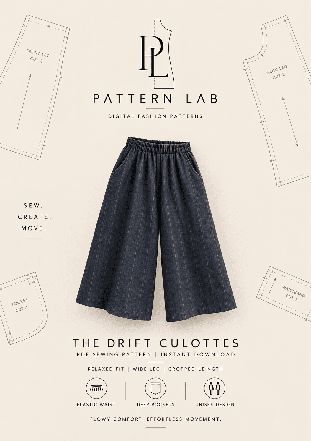 Flowy Culottes Sewing Pattern PDF, Wide Leg Pants Pattern, Elastic Waist Trousers, Women’s Sizes XXS–6XL, Instant Download