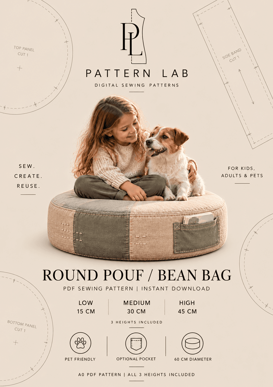 Round Pouf & Bean Bag Sewing Pattern PDF – 3 Sizes, Pet Bed, Kids’ Floor Seat, Adult Ottoman with Optional Pocket