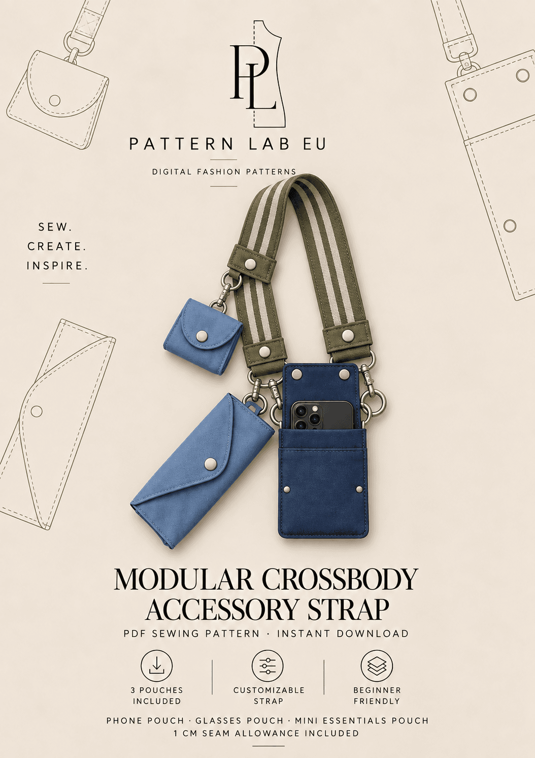 Modular Crossbody Accessory Pouch Sewing Pattern PDF, Phone Holder, Glasses Case & Earbud Pouch, A4 A2 Digital Download