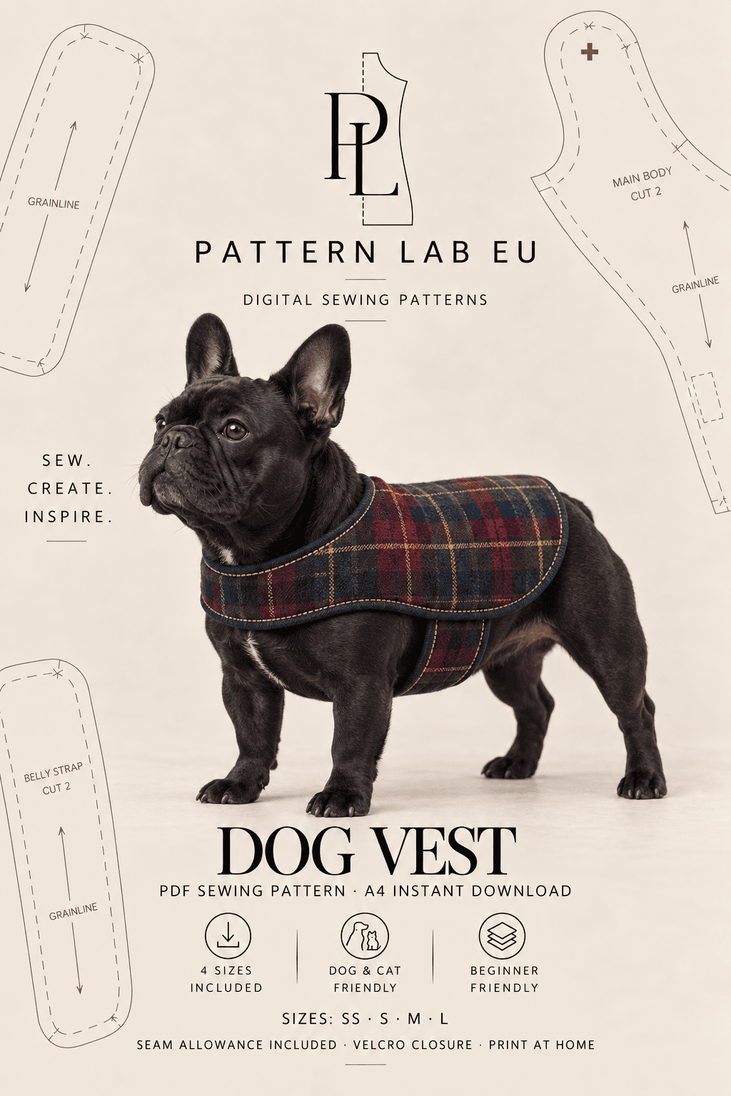 Dog Vest Sewing Pattern PDF, Pet Coat, Dog and Cat Clothes, 4 Sizes, A4 Printable