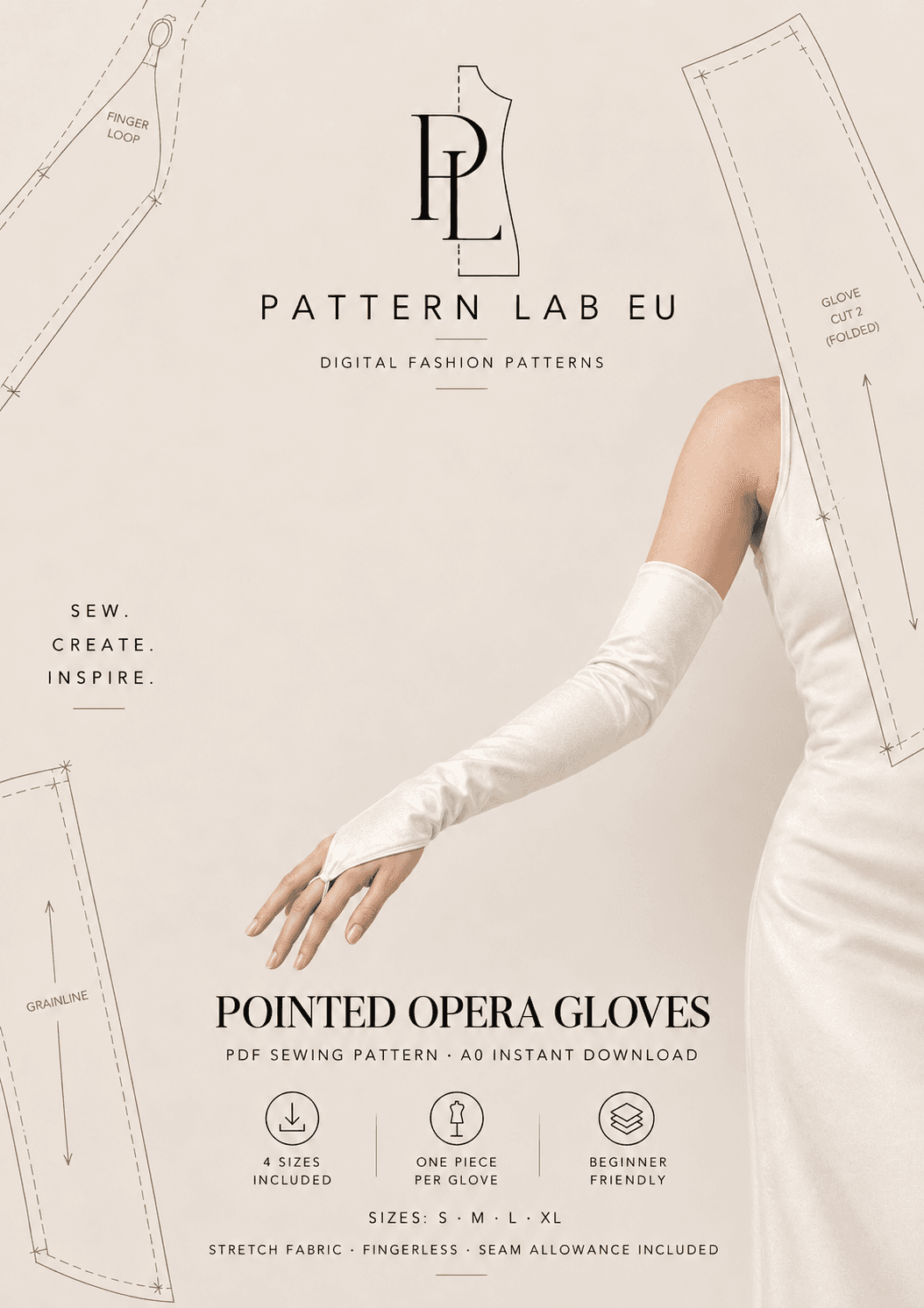 Pointed Opera Gloves Sewing Pattern PDF, Long Fingerless Gloves, Evening Costume Accessory, Sizes S–XL, A0 Instant Download